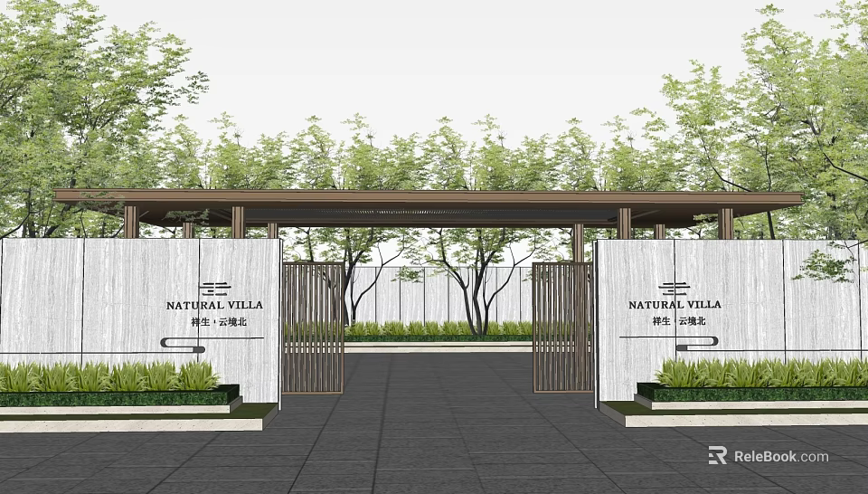 Modern Nature Villa Entrance Gate With Metal Fence Green Trees And Stone Path 3d model 