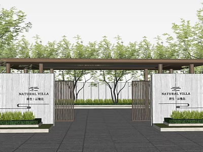 Modern Nature Villa Entrance Gate With Metal Fence Green Trees And Stone Path 3d model
