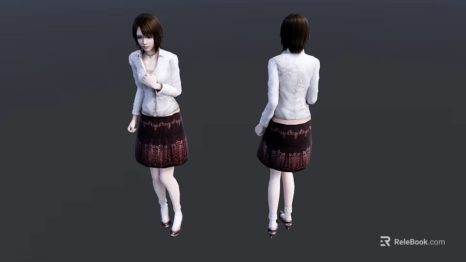 Woman In White Jacket Dark Patterned Skirt White Stockings High Heels Front Back Views 3d model 