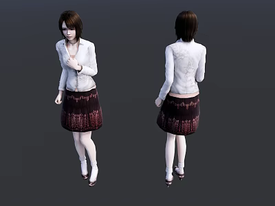Woman In White Jacket Dark Patterned Skirt White Stockings High Heels Front Back Views 3d model