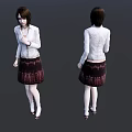 Woman In White Jacket Dark Patterned Skirt White Stockings High Heels Front Back Views