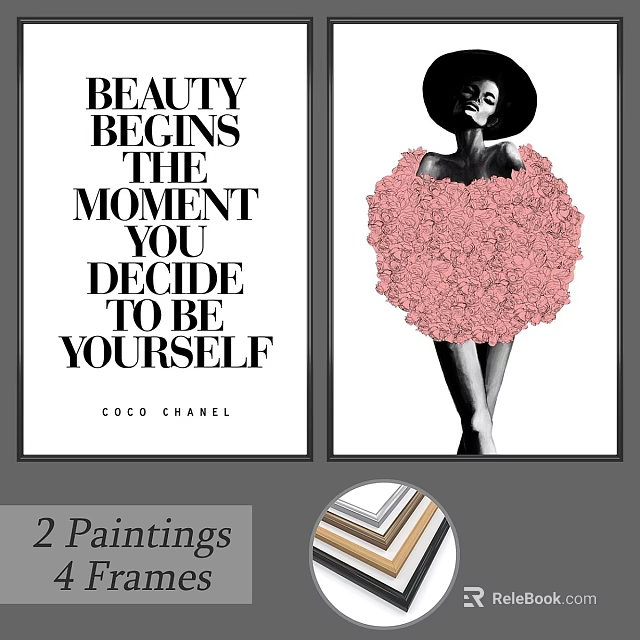 Framed Wall Art Paintings Set of Two with Inspirational Quote and Floral Female Silhouette 3d model 
