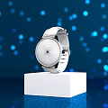 Stylish Watch Display on Black Stand with Blue Background and Light Spots
