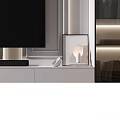 Elegant TV Stand With Flat Screen TV Decorative Vase Striped Wall And Glass Door Bookshelf