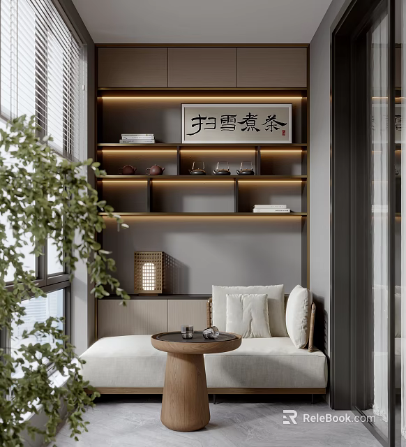 Home Balcony Interior With Wooden Shelves Tea Set Decorations Warm Lighting And Comfy Sofa Bench 3d model 
