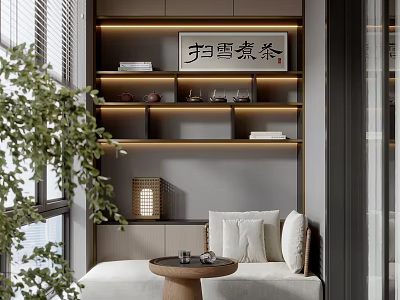 Home Balcony Interior With Wooden Shelves Tea Set Decorations Warm Lighting And Comfy Sofa Bench 3d model