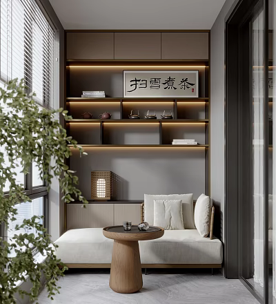 Home Balcony Interior With Wooden Shelves Tea Set Decorations Warm Lighting And Comfy Sofa Bench 3d model