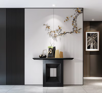 Elegant Modern Console Table With Decorative Branches Vase Green Plant And Wall Art 3d model