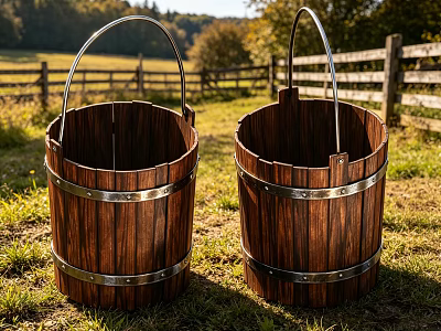 Two Wooden Buckets As Daily Living Supplies With Metal Hoops In Outdoor Grass Field 3d model