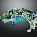 Detailed Modern Coastal City Model Featuring Buildings Green Areas And Seaside Roads