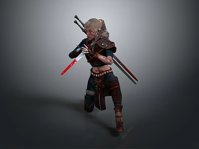 Warrior Woman with White Hair in Battle Armor Holding Two Swords in Combat Stance 3d model