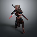 Warrior Woman with White Hair in Battle Armor Holding Two Swords in Combat Stance