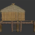 Traditional Thatched House with Bamboo Structure on Wooden Platform and Wooden Ladder with Supportive Pillars