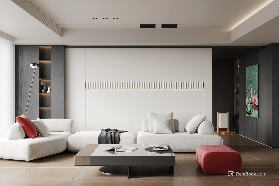 Modern Living Room Interior With White Sofa Red Cushions Black Coffee Table And Red Ottoman 3d model 
