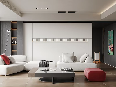 Modern Living Room Interior With White Sofa Red Cushions Black Coffee Table And Red Ottoman 3d model