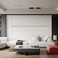 Modern Living Room Interior With White Sofa Red Cushions Black Coffee Table And Red Ottoman