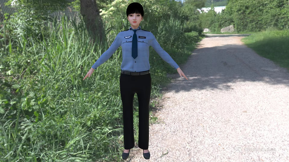 A Woman in Blue Uniform Standing on Gravel Path with Green Grass and Trees 3d model 