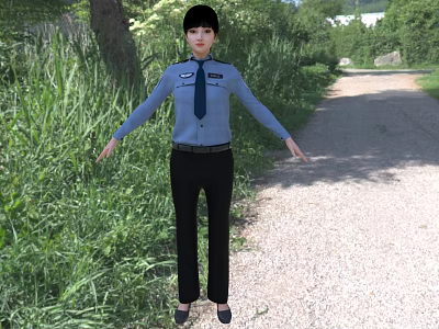 A Woman in Blue Uniform Standing on Gravel Path with Green Grass and Trees 3d model