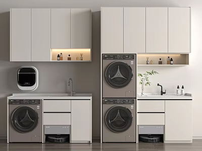 Modern Minimalist Laundry Interior With Stacked Front Loading Washing Machines And White Cabinets 3d model