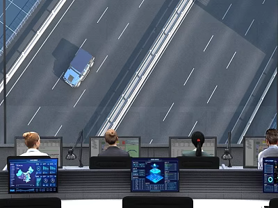 Traffic Monitoring Room With Operators Monitoring Road Surveillance On Multiple Screens 3d model
