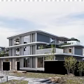 Modern Detached Villa Exterior Featuring Multi Storey Design Large Windows Balconies And Lush Greenery Courtyard