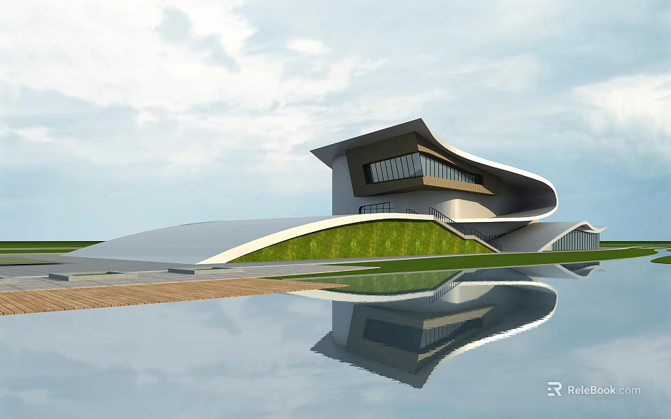 Modern Architectural Building With Curved Design And Water Reflection On Lawn 3d model 
