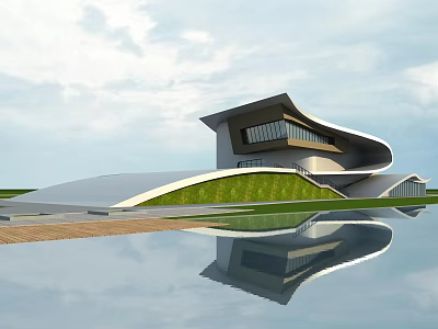 Modern Architectural Building With Curved Design And Water Reflection On Lawn 3d model