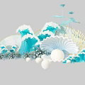 Artistic Decorative Scene Featuring Blue Waves Shell Pearls And Lotus Flowers 3d model