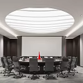 Conference Room Featuring Circular Striped Ceiling Projection Screen Round Table Black Chairs and Red Flag 3d model