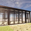 Modern Glass Pavilion Design With Traditional Chinese Metal Frame Stone Path And Grass