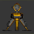 Yellow Multi Legged Mechanical Toy With Double Barrels And Red Button 3d model
