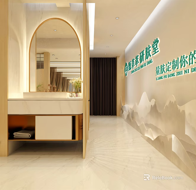 Modern SPA Sauna Interior Design With Arch Mirror Vanity Counter And Mountain Decor 3d model 