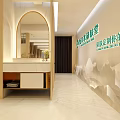 Modern SPA Sauna Interior Design With Arch Mirror Vanity Counter And Mountain Decor