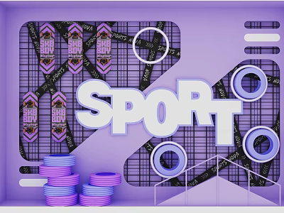 Purple Window Display Featuring SPORT Lettering Grid Background Decorative Strips And Stacked Rings 3d model