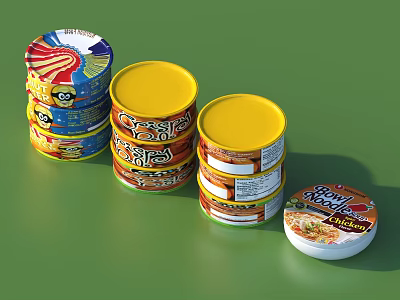 Kitchen Storage Cans With Yellow Lids Stacked And Open Showing Noodles On Green Background 3d model