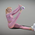 Woman in pink sportswear stretching leg while sitting on floor wearing earphones and white sneakers 3d model