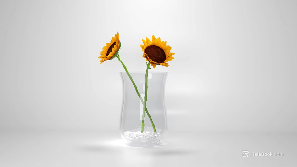 Decorative Ornament Set With Transparent Vase Two Sunflowers And Small Bottom Granules 3d model 