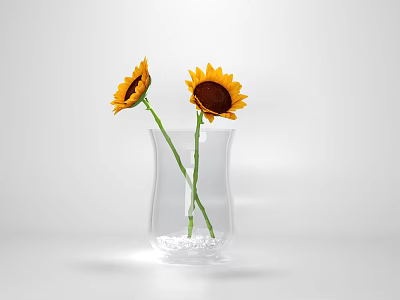 Decorative Ornament Set With Transparent Vase Two Sunflowers And Small Bottom Granules 3d model