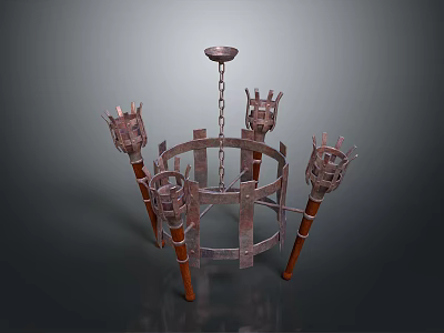 Vintage Metal Chandelier With Candle Shaped Arms And Chain Ceiling Mount 3d model
