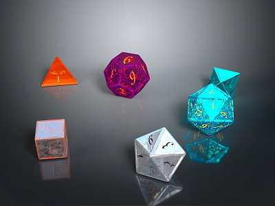 Vibrant Polyhedral and Cube Dice in Orange Purple Blue Silver for Daily Tabletop Games Use 3d model