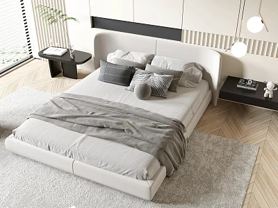Modern Double Bed Interior Design With White Headboard Gray Pillows Blanket Nightstands And Gray Rug 3d model