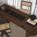Traditional Wooden Tea Table And Chairs With Teapot Teacups And Heating Lantern Near Window Curtains
