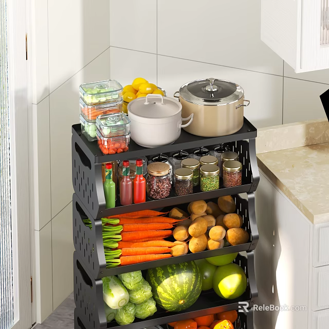 Black Kitchen Storage Rack Holds Cookware Jars And Fresh Vegetables 3d model