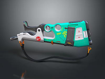 Futuristic Teal And White Blaster Weapon With Orange Accents Black Strap Modern Design 3d model