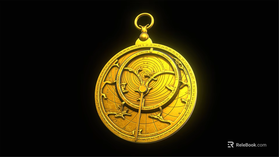 Golden Circular Jewelry Pendant With Intricate Engraved Patterns And Hanging Loop 3d model 