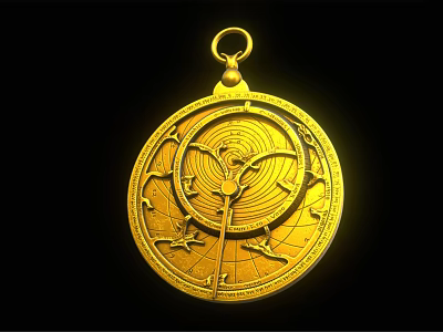Golden Circular Jewelry Pendant With Intricate Engraved Patterns And Hanging Loop 3d model