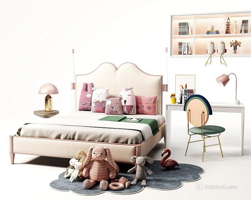Kids Bed Featuring Stuffed Toys Pillows Desk Chair and Bookshelf Toys on Rug 3d model 