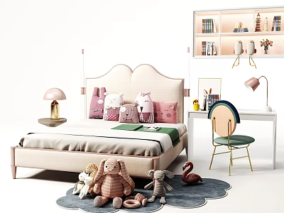 Kids Bed Featuring Stuffed Toys Pillows Desk Chair and Bookshelf Toys on Rug 3d model