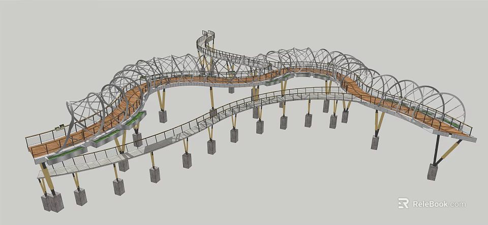Winding Landscape Bridge with Curved Pathway Metal Structure and Stone Pillars 3d model 
