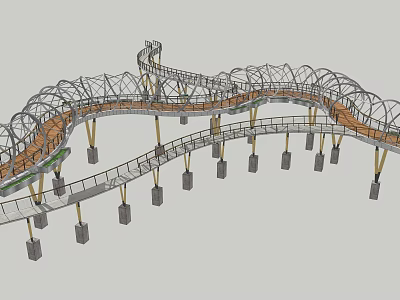 Winding Landscape Bridge with Curved Pathway Metal Structure and Stone Pillars 3d model